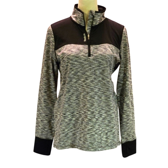 Reebok Women's Black & Mottled Gray Colorblock Quarter-Zip Top Soft Feel Women L - Picture 1 of 13